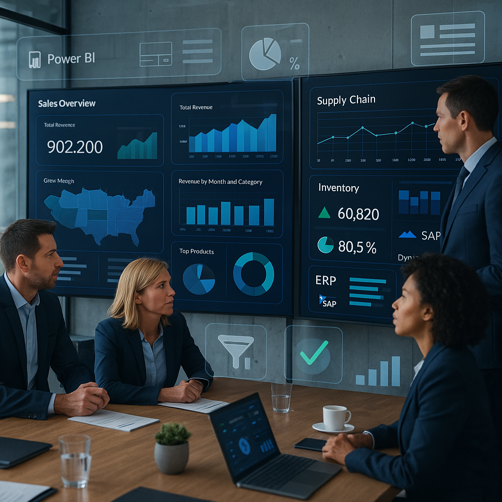 CXO team using Power BI dashboards integrated with Microsoft Dynamics 365 and SAP for ERP reporting and performance analysis