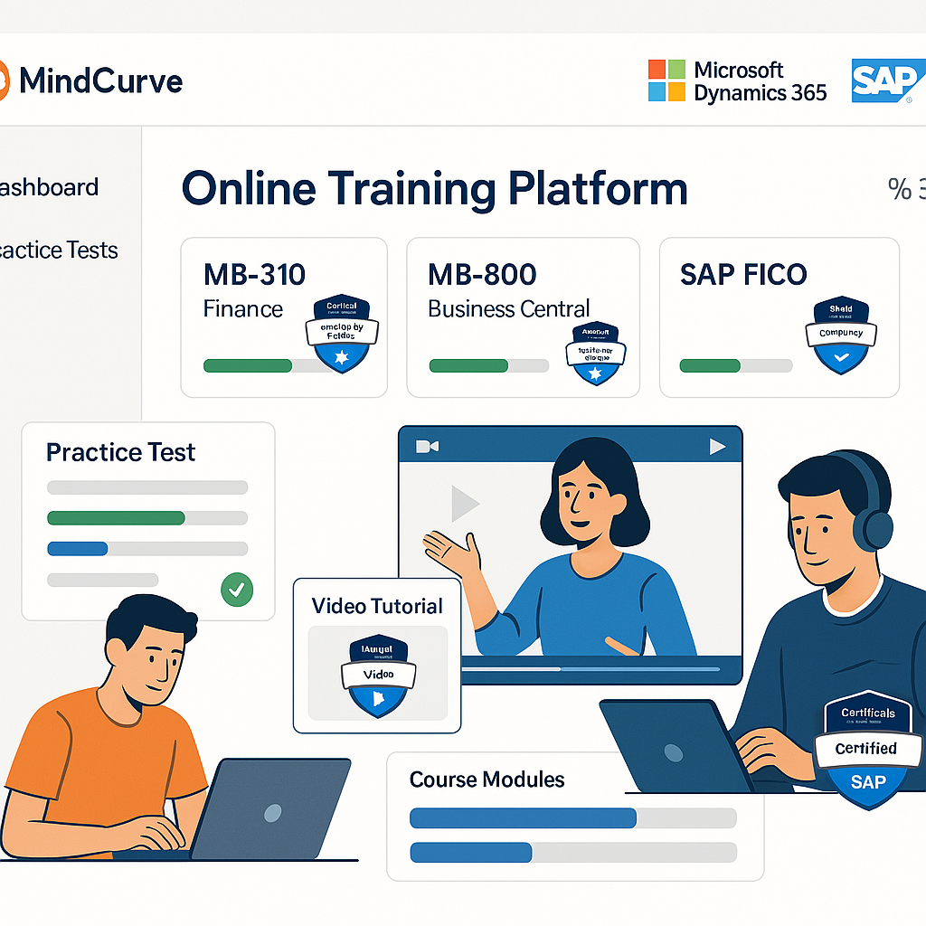 ERP learners using MindCurve’s training platform to prepare for Microsoft Dynamics 365 and SAP certification exams with videos and practice tests