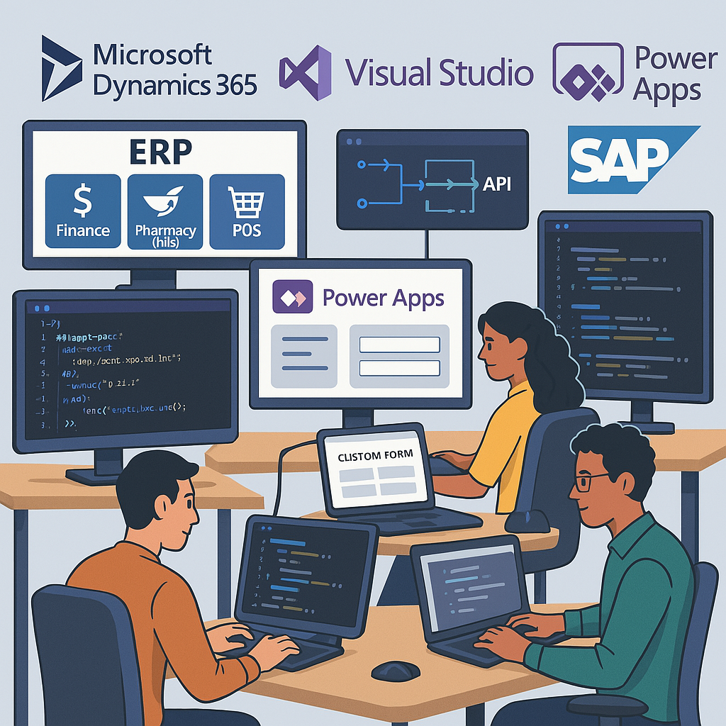 MindCurve developers building custom modules and integrations for Microsoft Dynamics 365 and SAP ERP systems in healthcare and retail industries