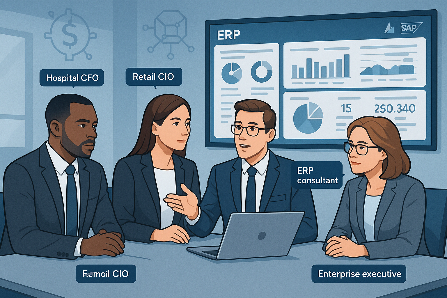 Business leaders from healthcare and retail sectors in a strategic ERP consultation meeting, supported by Microsoft Dynamics 365 and SAP experts.