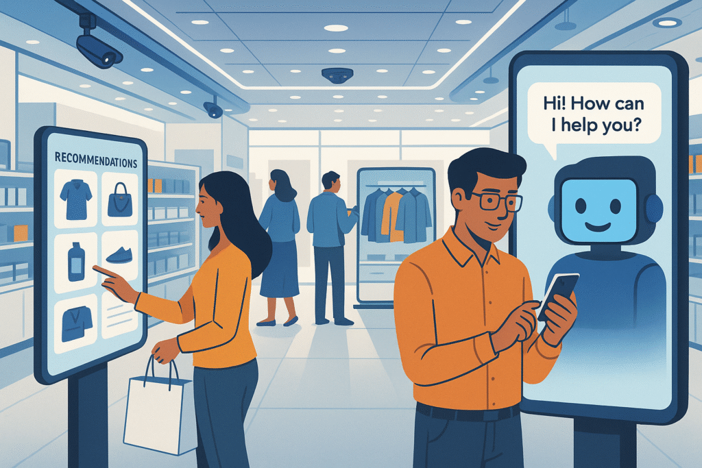 Indian retail store in 2025 using AI-powered personalization, smart kiosks, chatbots, and cashier-less checkout for seamless customer experience.
