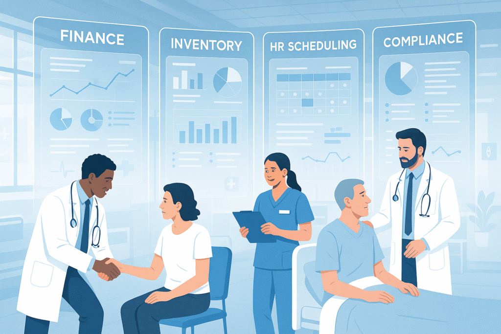Doctors and nurses working with patients while digital ERP dashboards show finance, inventory, and HR insights in the background.