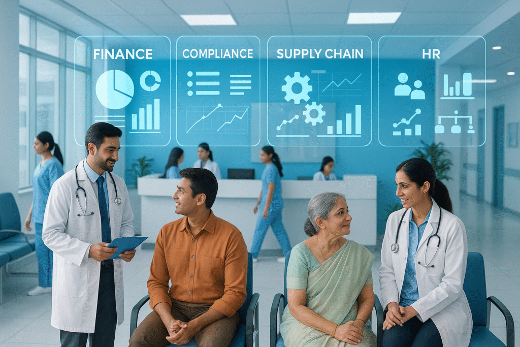 Doctors and patients in a modern Indian hospital with futuristic ERP dashboards showing finance, compliance, and inventory insights.