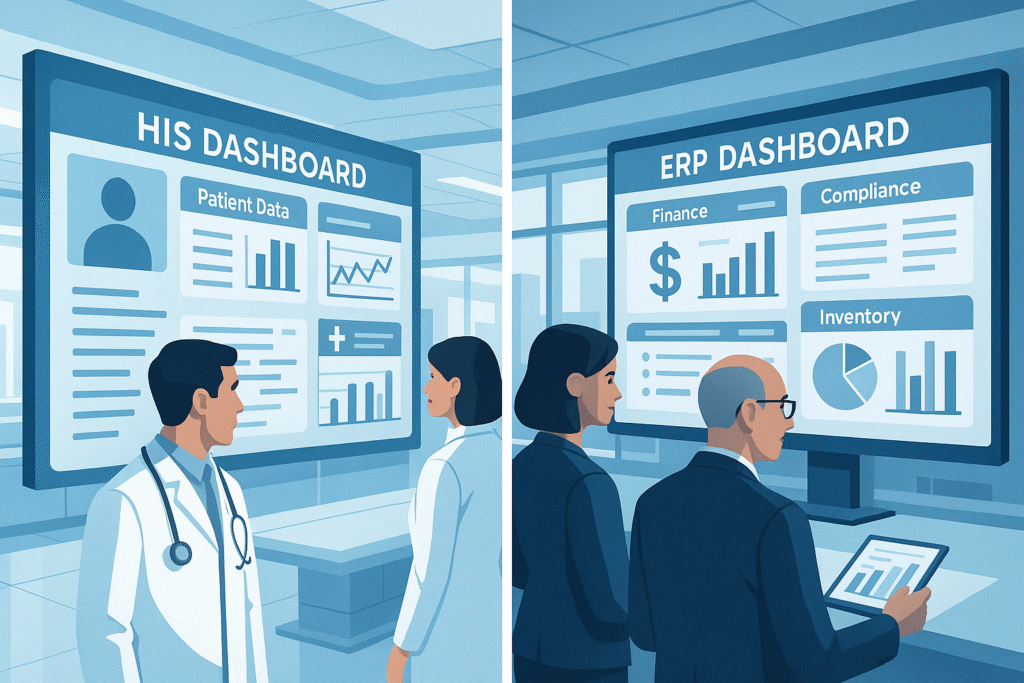Modern hospital with dual dashboards: HIS for clinical care and ERP for finance, compliance, and operations.