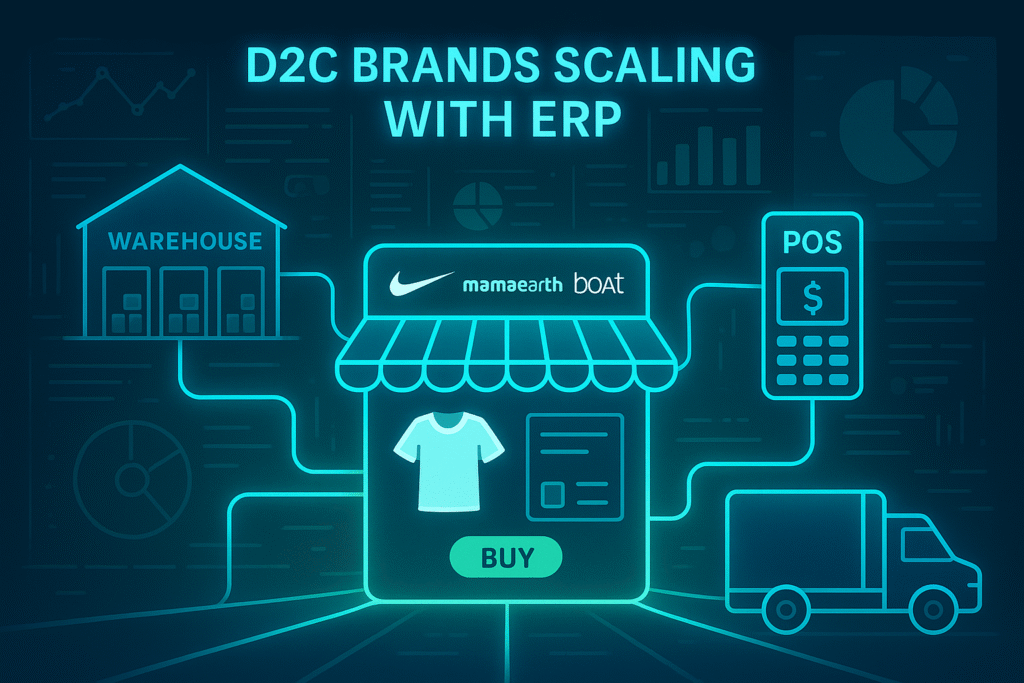 Illustration of D2C retail brands scaling with ERP showing e-commerce integration with warehouses, POS, and delivery through Microsoft Dynamics 365 and SAP